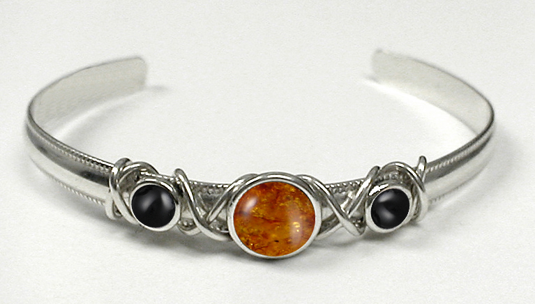 Sterling Silver Hand Made Cuff Bracelet With Amber And Black Onyx